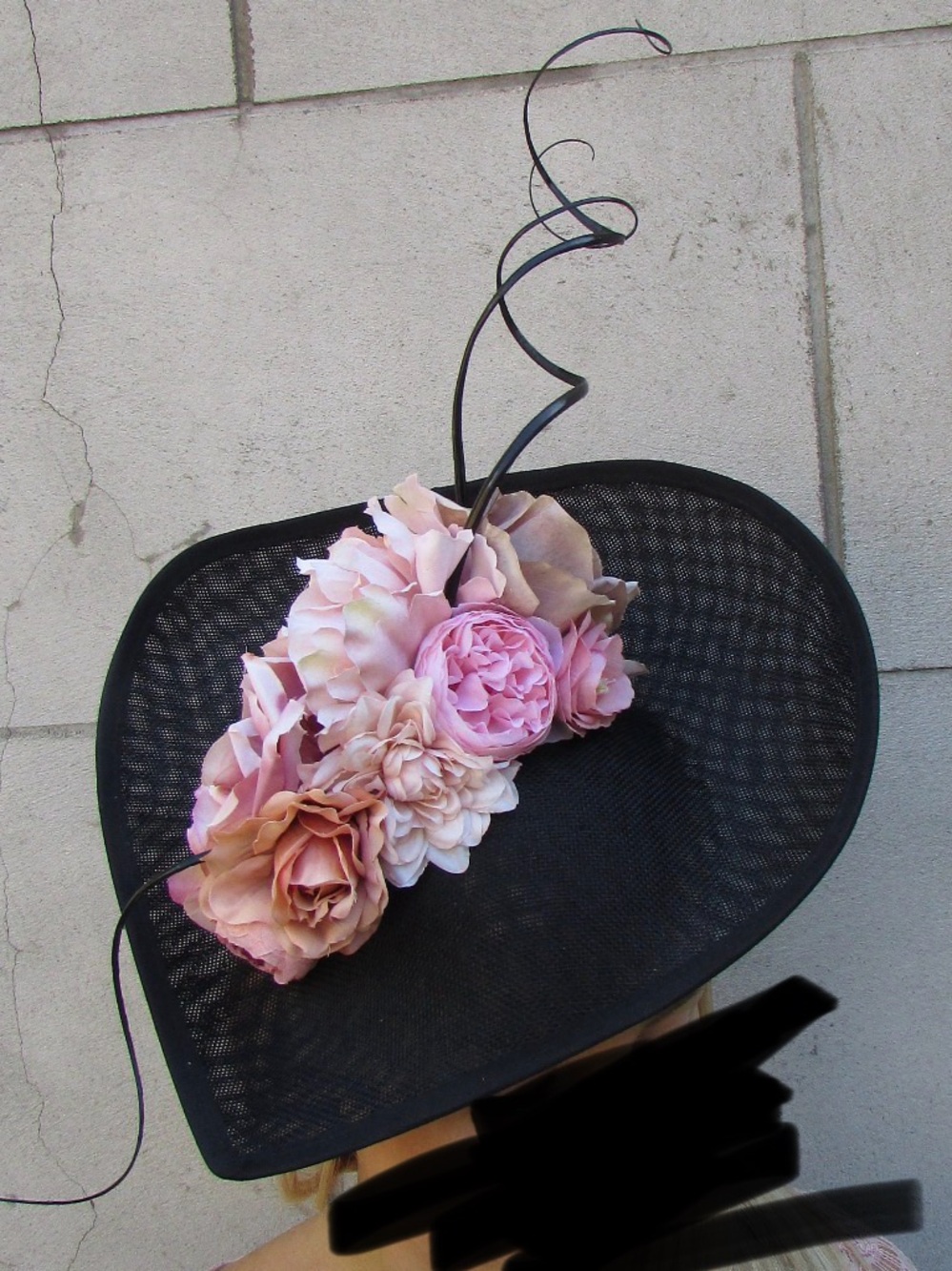 Black Fascinator Headband with Blush and Beige Floral Accents - Picture 2 of 3